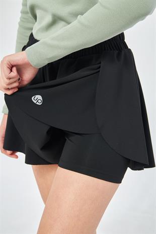 Siyah Kadın 2 Katmanlı Kloş Etek Görünümlü Spor Şort - Şortlu Tayt 2in1 - Rane