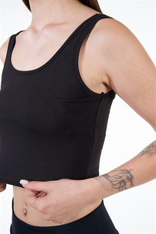 Siyah Kadın Askılı Crop Atlet Tshirt- Feeled