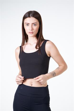 Siyah Kadın Askılı Crop Atlet Tshirt- Feeled