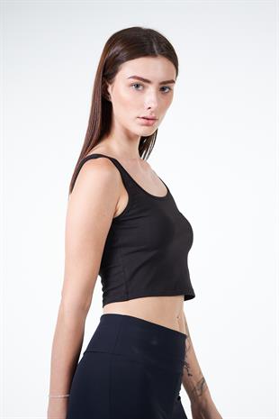 Siyah Kadın Askılı Crop Atlet Tshirt- Feeled
