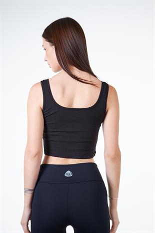Siyah Kadın Askılı Crop Atlet Tshirt- Feeled