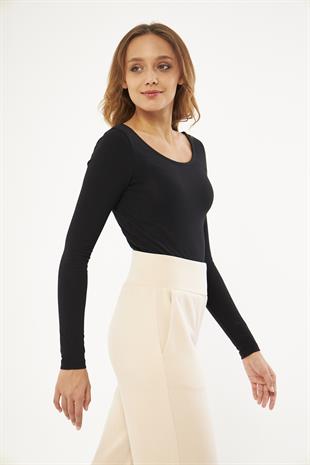 Siyah Kadın Basic Açık Yaka Uzun Kollu Bluz - Soma