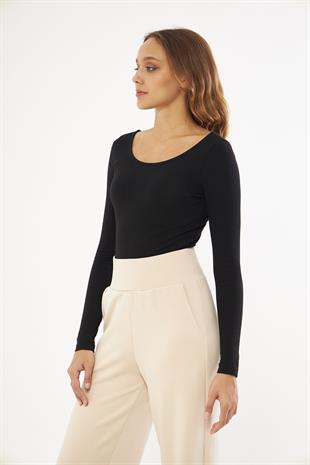 Siyah Kadın Basic Açık Yaka Uzun Kollu Bluz - Soma