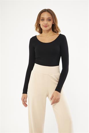 Siyah Kadın Basic Açık Yaka Uzun Kollu Bluz - Soma