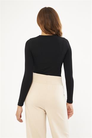 Siyah Kadın Basic Yuvarlak Yaka Uzun Kollu Bluz - Floris