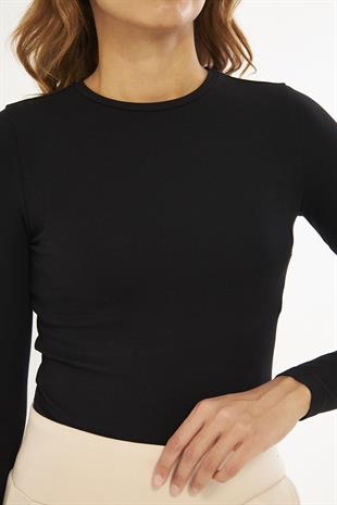 Siyah Kadın Basic Yuvarlak Yaka Uzun Kollu Bluz - Floris