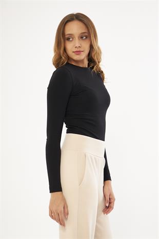 Siyah Kadın Basic Yuvarlak Yaka Uzun Kollu Bluz - Floris