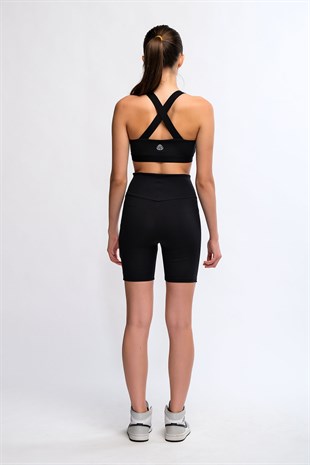 Siyah Kadın Hafif Destekli Çapraz Sırt Detaylı Spor Sütyeni Bra - Mery