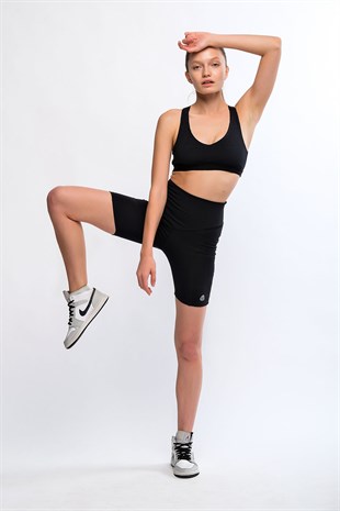 Siyah Kadın Hafif Destekli Çapraz Sırt Detaylı Spor Sütyeni Bra - Mery