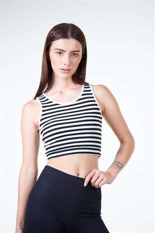 Siyah Kadın Çizgili Kaşkorse Kolsuz Crop T-shirt - İsabel