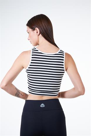 Siyah Kadın Çizgili Kaşkorse Kolsuz Crop T-shirt - İsabel