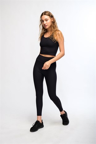Siyah Kadın Fitilli Askılı Crop Atlet  - Luna