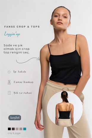 Siyah Kadın İnce İp Askılı Crop - Lones