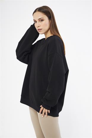 Siyah Kadın Oversize Basic Şardonlu Sweatshirt - Karmen