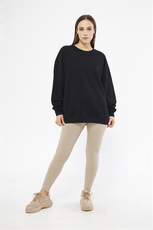 Siyah Kadın Oversize Basic Şardonlu Sweatshirt - Karmen