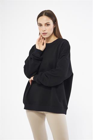 Siyah Kadın Oversize Basic Şardonlu Sweatshirt - Karmen
