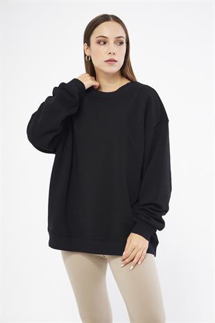 Siyah Kadın Oversize Basic Şardonlu Sweatshirt - Karmen