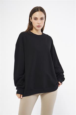 Siyah Kadın Oversize Basic Şardonlu Sweatshirt - Karmen