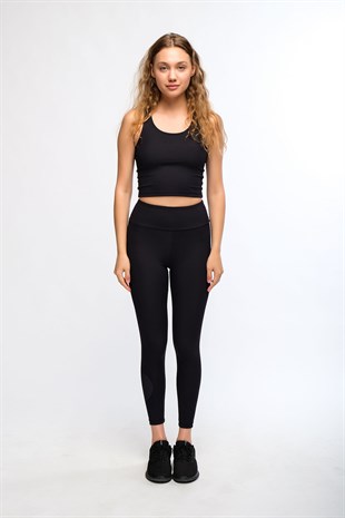 Siyah Kadın Yüksek Bel Toparlayıcı Fitilli Push Up Spor Tayt - Maren
