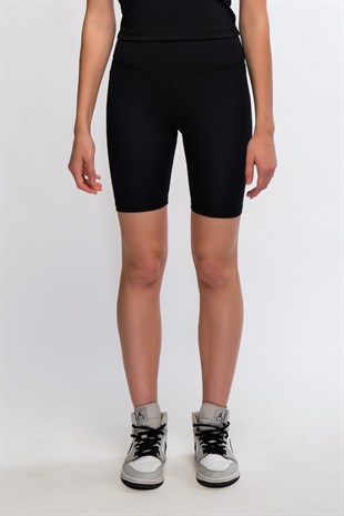 Siyah Kadın Yüksek Bel Soft Touch Biker Kısa Şort Spor Tayt - Pageda