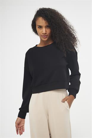 Siyah Kadın Uzun Kollu Crop Sweatshirt - Gobi