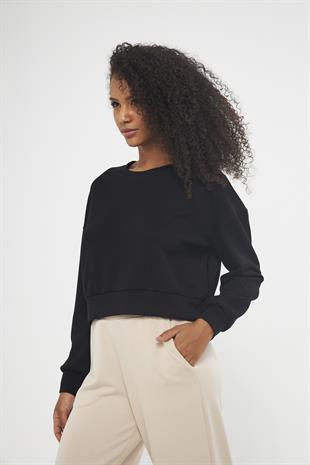 Siyah Kadın Uzun Kollu Crop Sweatshirt - Gobi