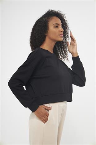 Siyah Kadın Uzun Kollu Crop Sweatshirt - Gobi