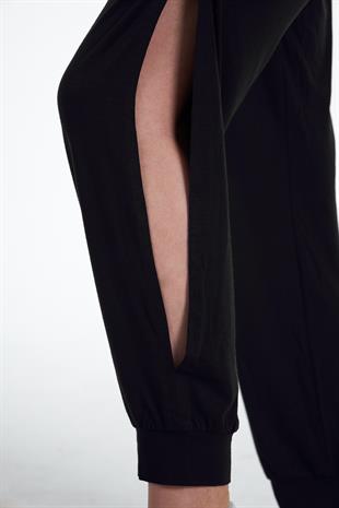 Siyah Kadın Yırtmaç Detaylı Beli Lastikli Şalvar Görünümlü Pantolon Joggers - Bella