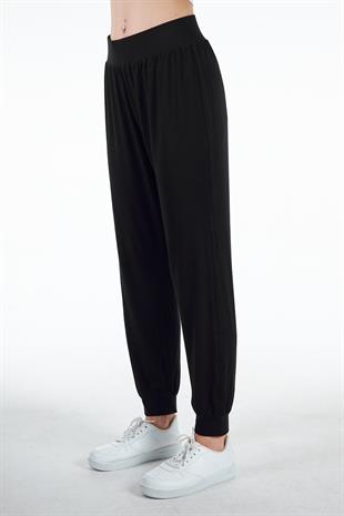 Siyah Kadın Yırtmaç Detaylı Beli Lastikli Şalvar Görünümlü Pantolon Joggers - Bella
