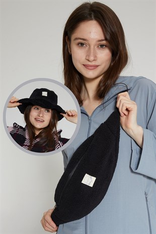 Siyah Peluş Çanta ve Şapka 2li Paket