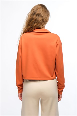Turuncu Kadın Yaka Detaylı Crop Kesim Sweatshirt - More