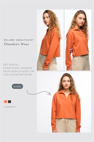 Turuncu Kadın Yaka Detaylı Crop Kesim Sweatshirt - More