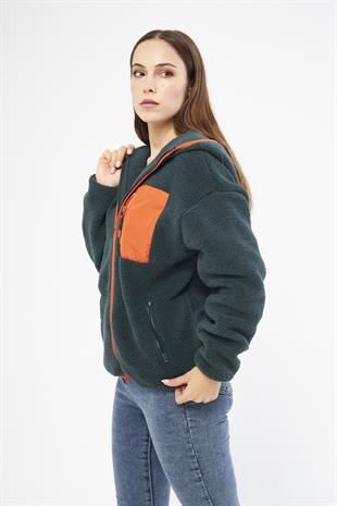 Yeşil Kadın Fermuarlı Peluş Hırka - Rita