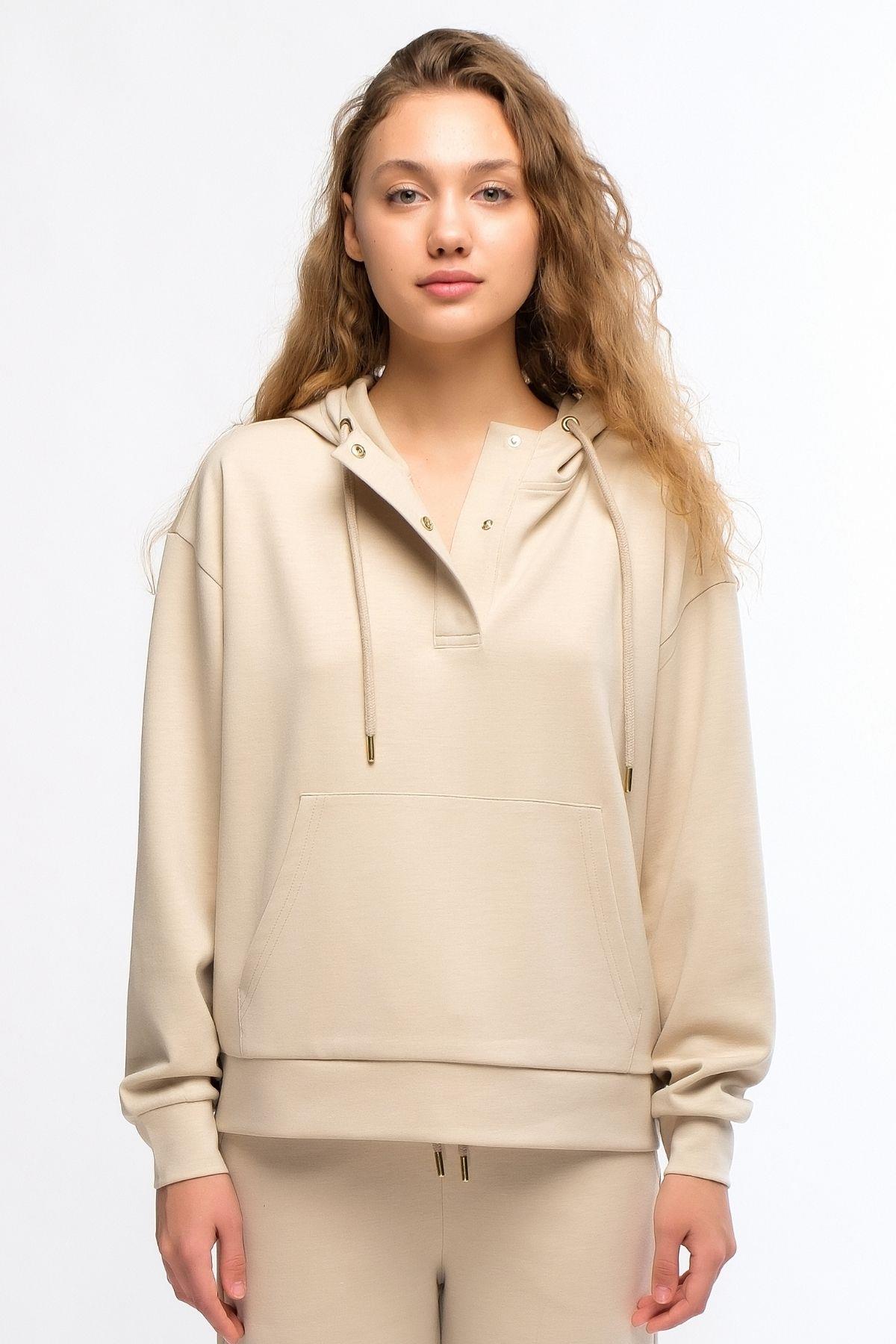 Bej Kadın Kapüşonlu Sweatshirt - Holy