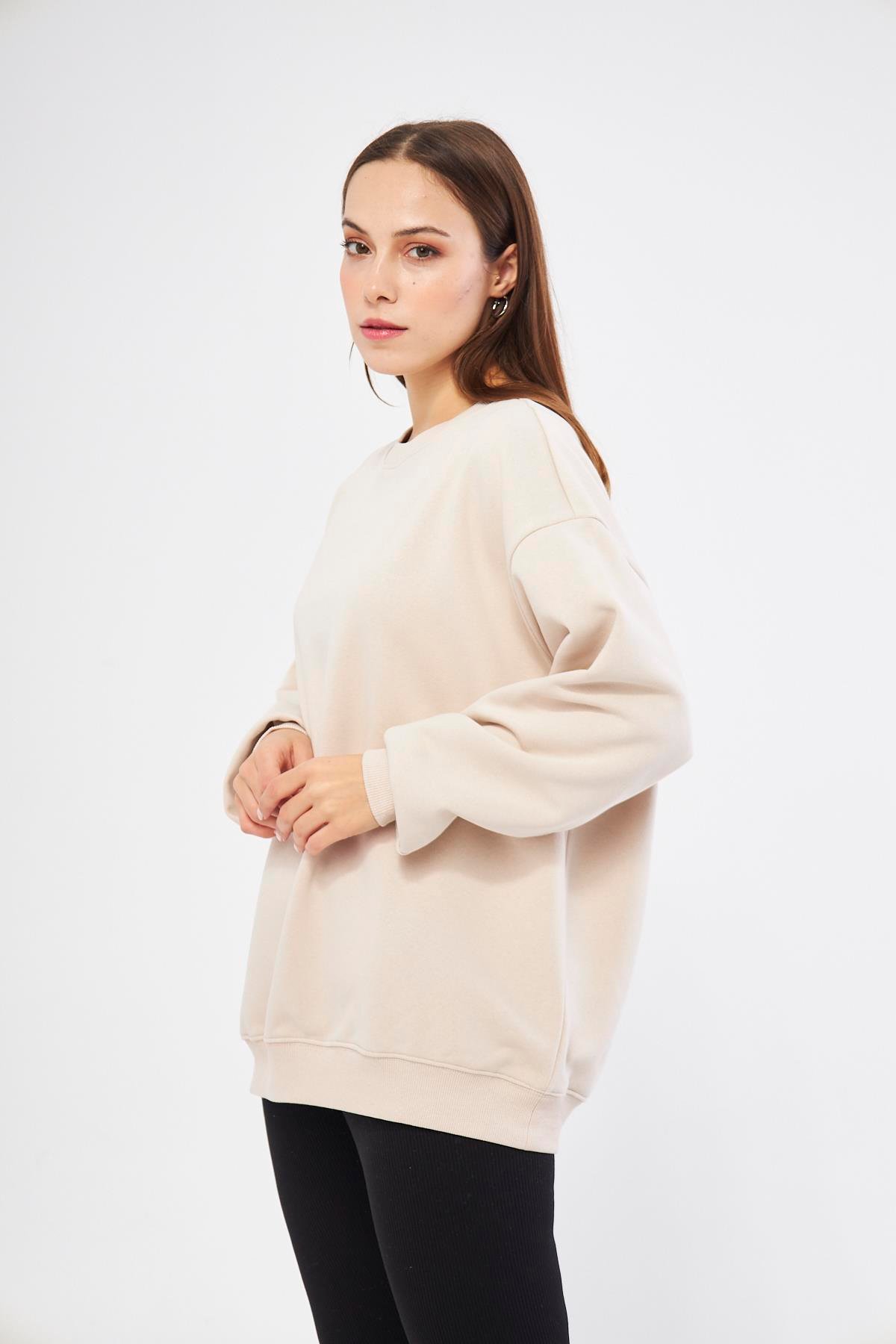 Bej Kadın Oversize Basic Sweatshirt - Karmen