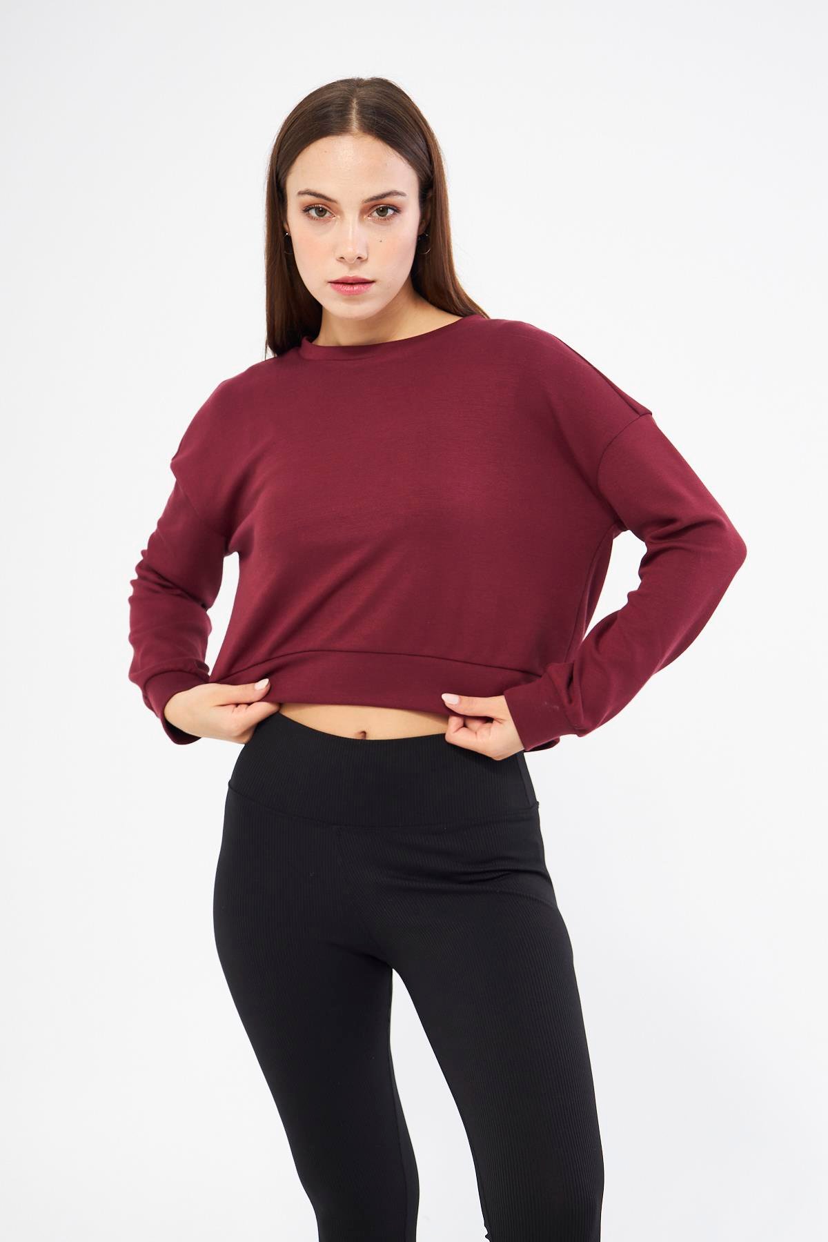Bordo Kadın Uzun Kollu Crop Sweatshirt - Gobi