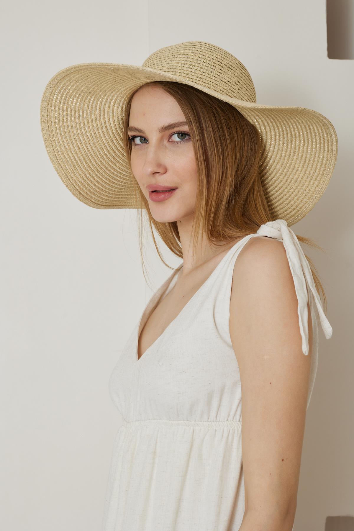 Kadın Bej Geniş Hasır Şapka - Bronte