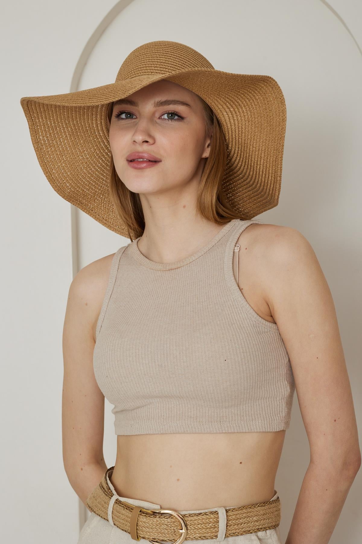 Kadın Camel Geniş Hasır Şapka - Bronte