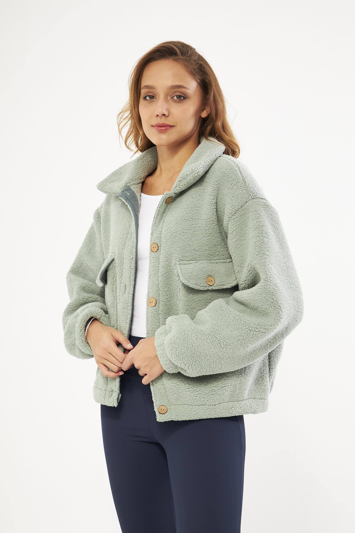 Sherpa Hırka Cep Detaylı Düğmeli Mint - Cecila