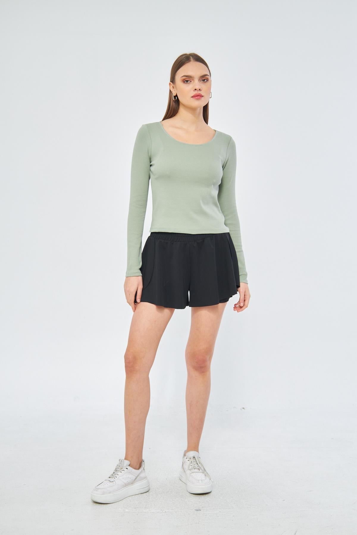 Yeşil Kadın Basic Açık Yaka Uzun Kollu Bluz - Soma