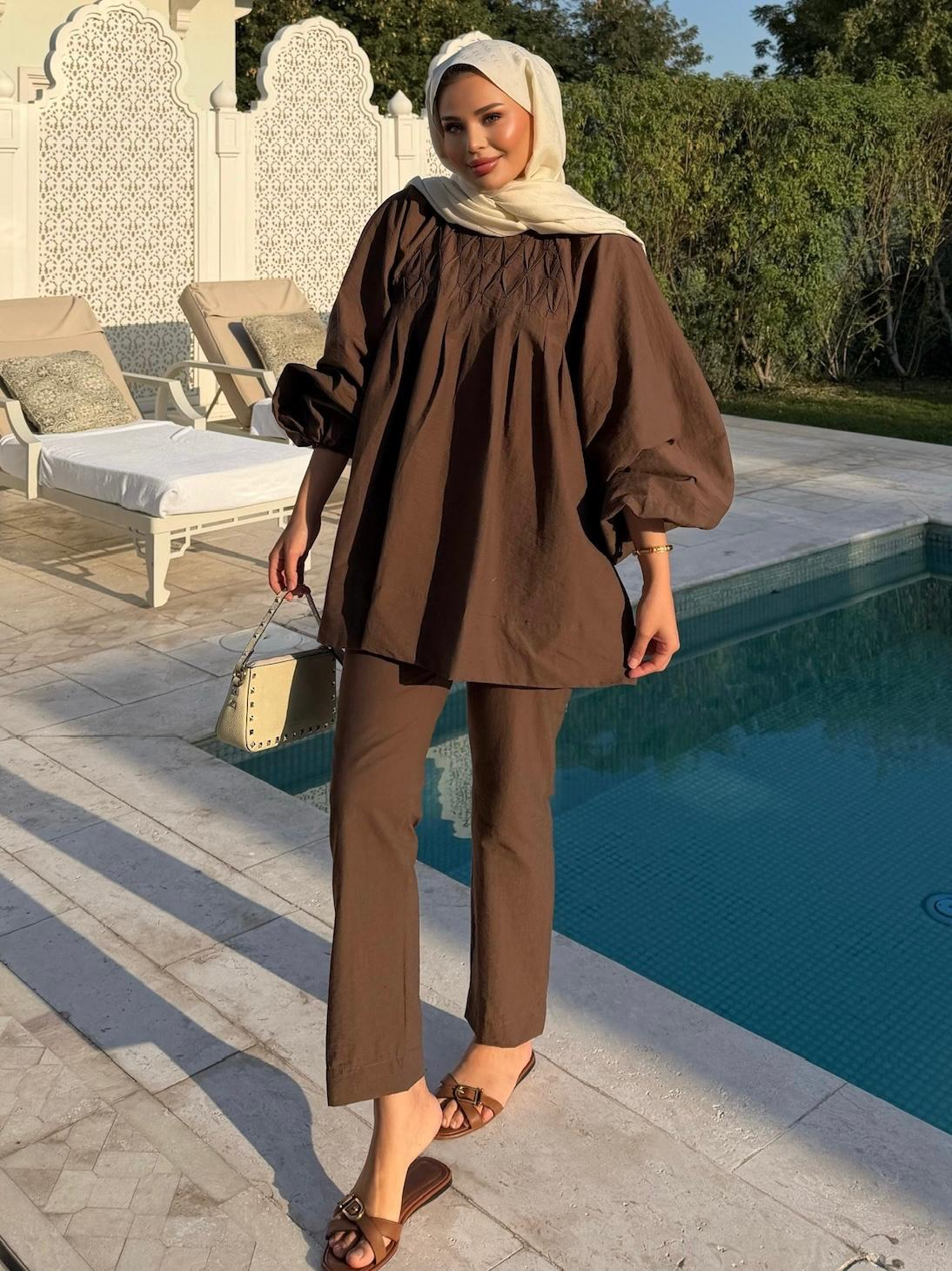 Badem Pantolonlu Takım Kahve 