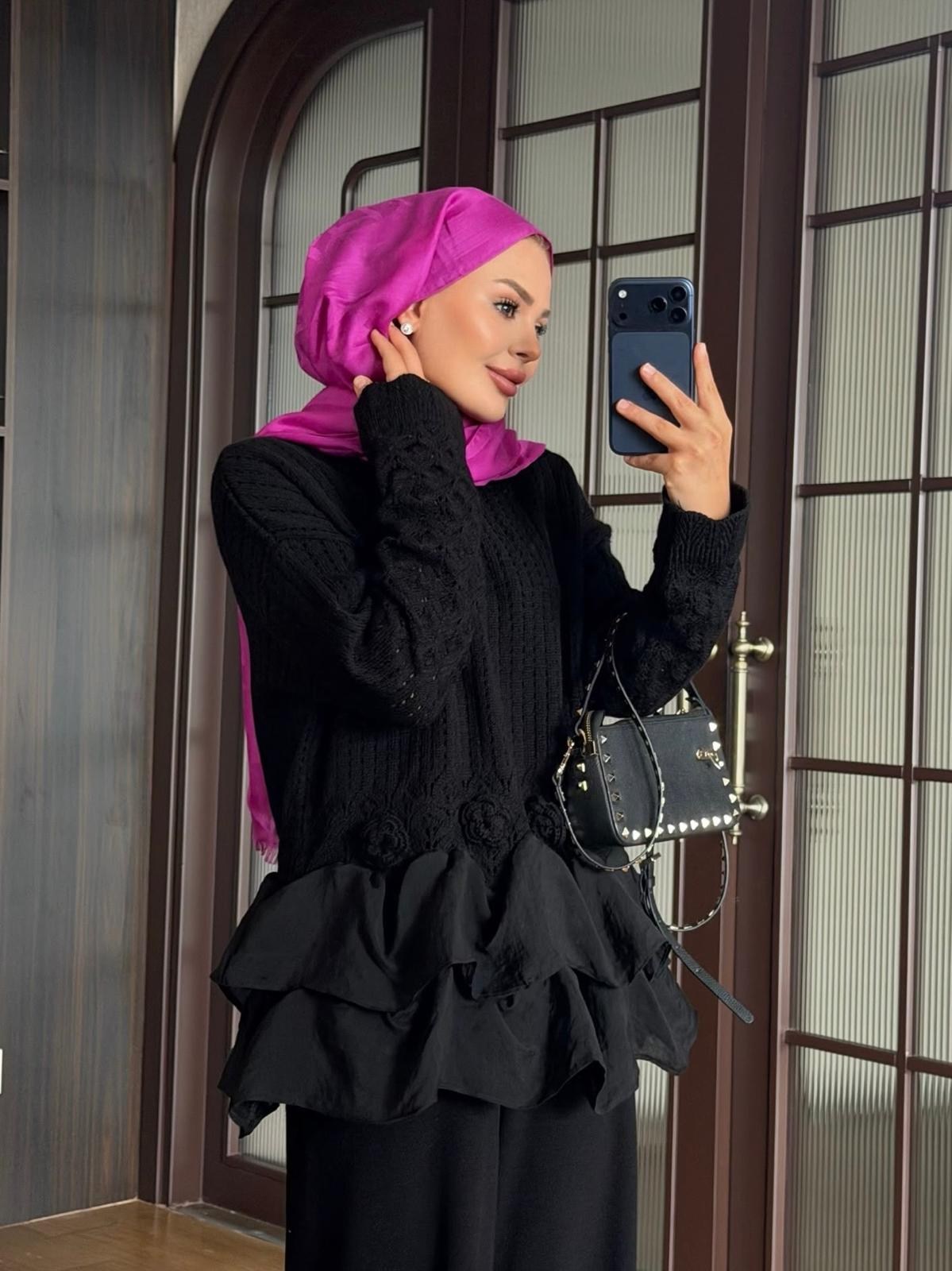 Fırfırlı Triko Takım Siyah