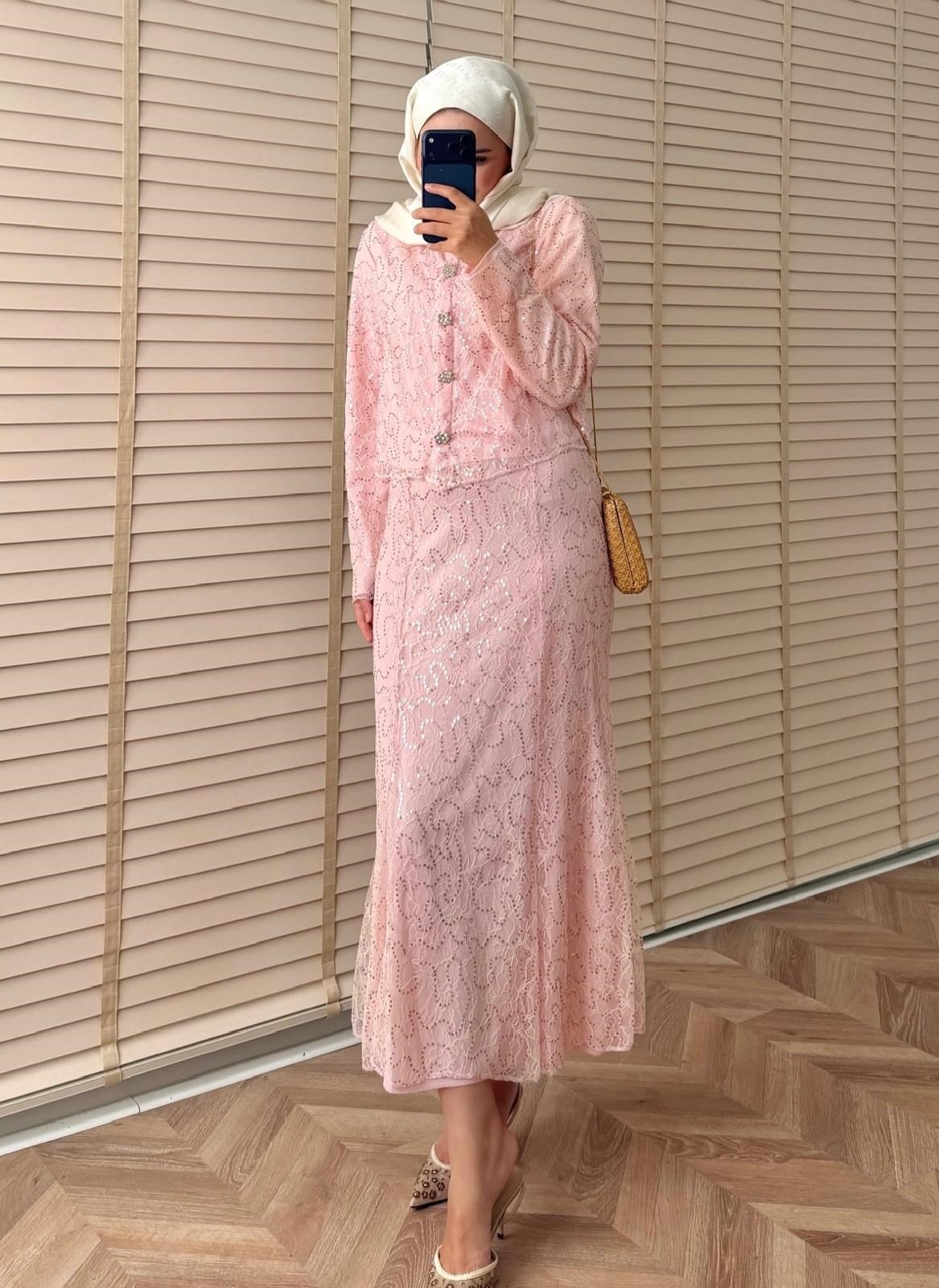 İthal Dantelli Etekli Takım Pembe