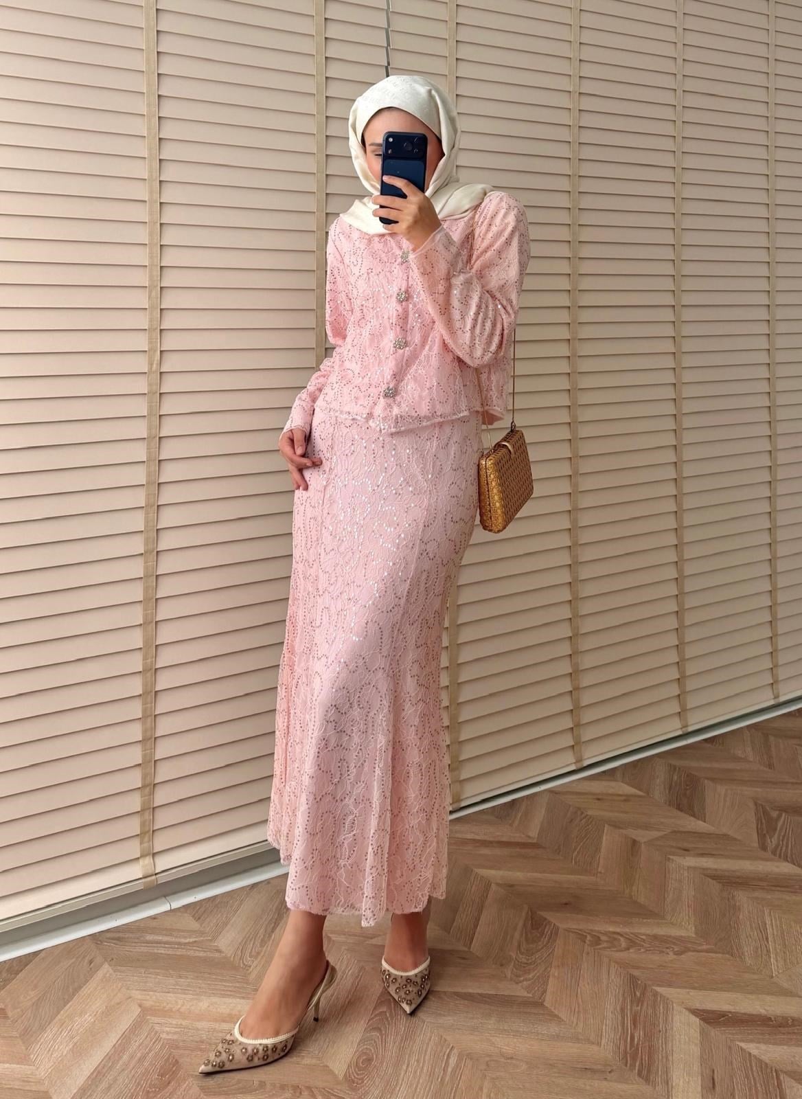 İthal Dantelli Etekli Takım Pembe