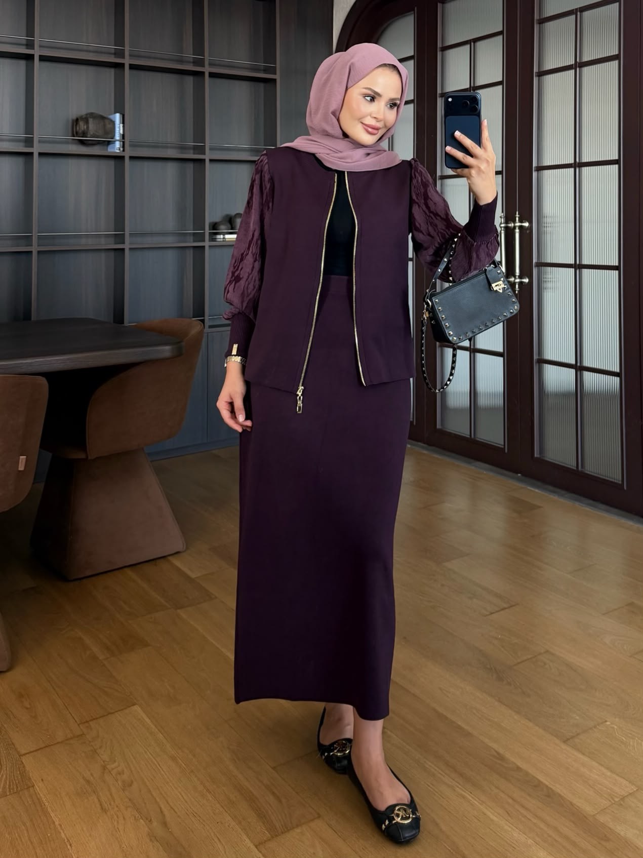 Kolu Jakarlı Triko Takım Mürdüm