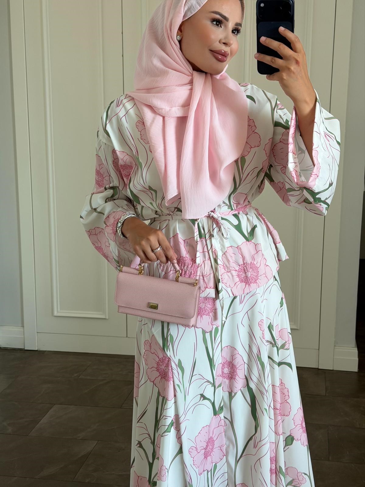Çiçek Desenli Etekli Takım Pembe 