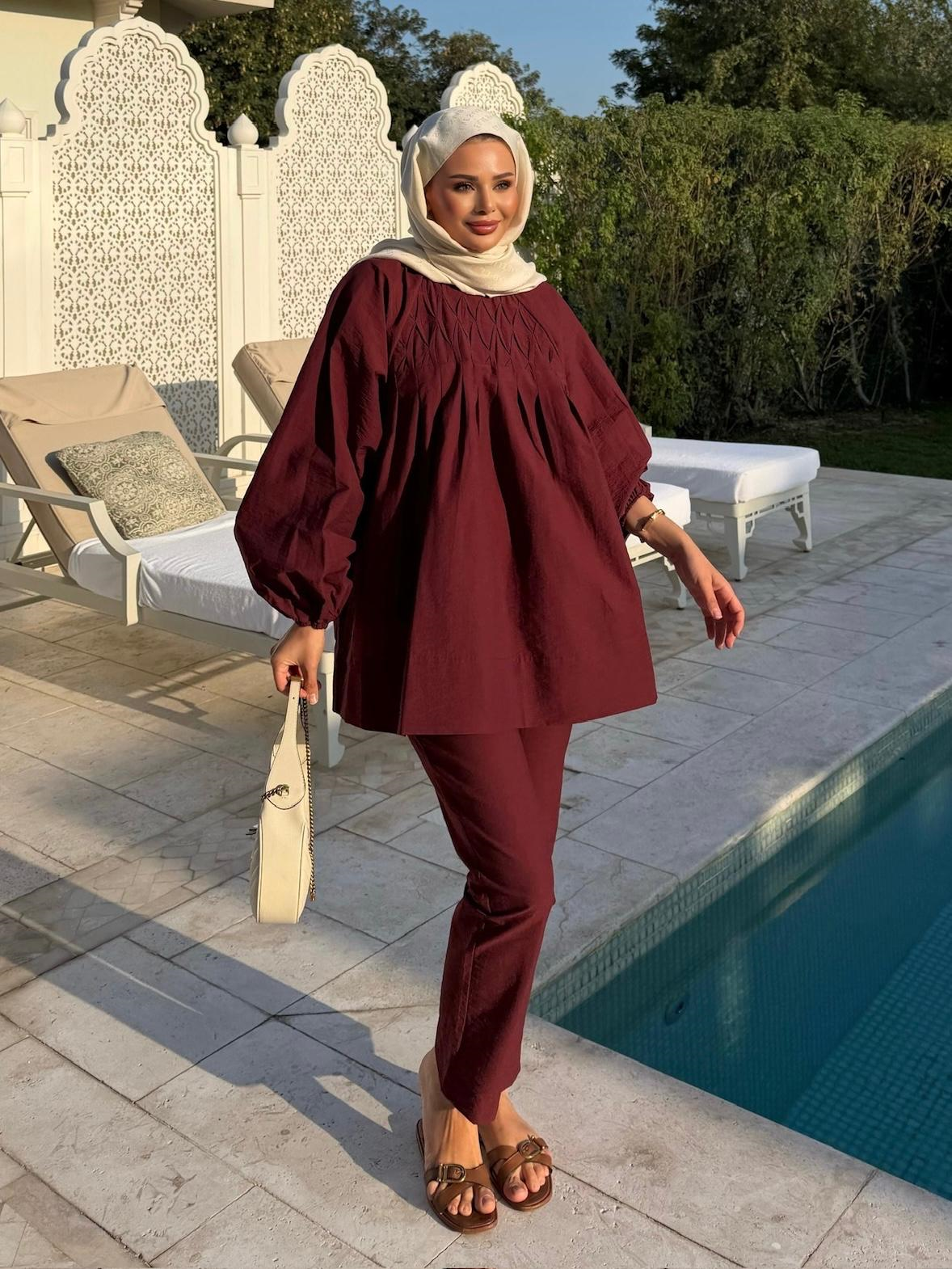 Badem Pantolonlu Takım Bordo