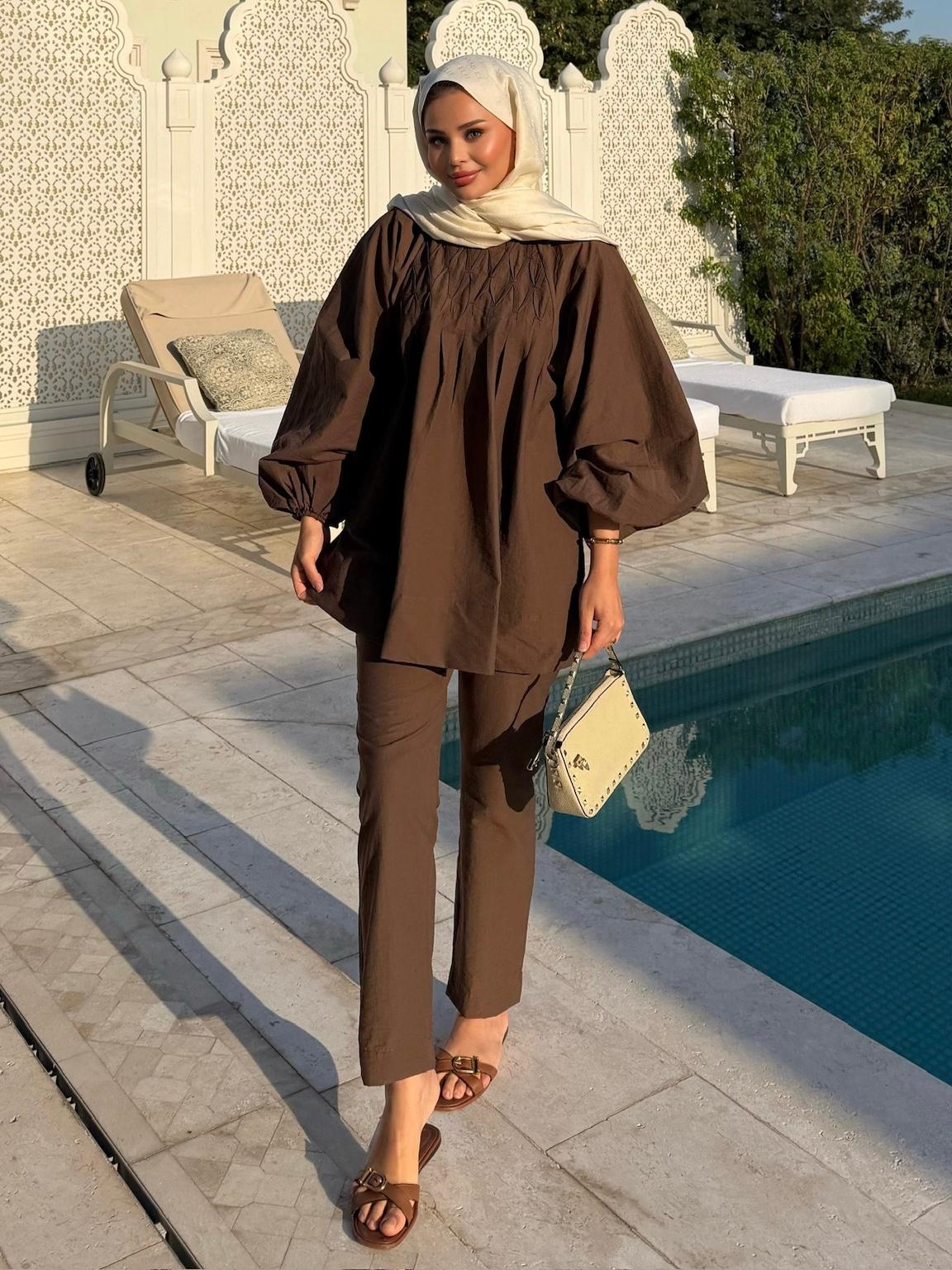 Badem Pantolonlu Takım Kahve 