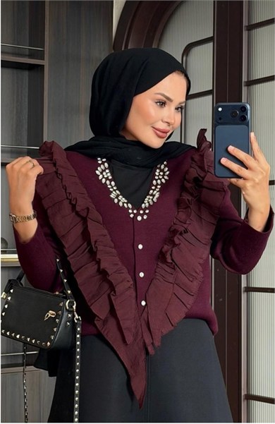 Taş Detaylı Triko Hırka Mürdüm