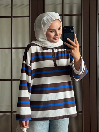 Polo Yaka Çizgili Sweat Saks